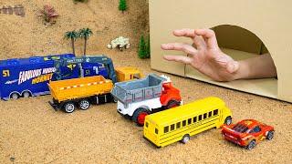 Rescue car toy vs mini tractor toys from monster in cave | Diy tractor mini concrete bridge