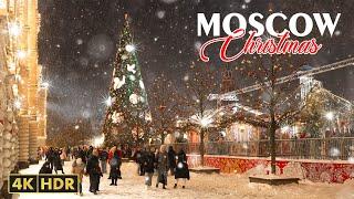 ️Walking Tour - Moscow Christmas Season - Red Square in Dreamy Snowfall - 4K HDR