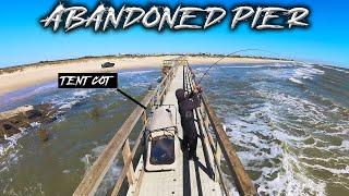 Camping Fishing, and Crabbing Overnight on Abandoned Fishing Pier - Crazy Action!