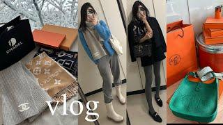 vlog_ 얘 머플러 또 샀어️️, 샤넬, 에르메스, 루이비통 3사 머플러 추천템, 폭설로 고립되서 방구석 패션쇼한 일상, 에르메스 에블린 언박싱, 쇼핑브이로그