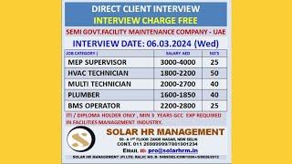 Direct Client Interview for Dubai at Solar HR Management New Delhi Cont. No. 01126989999