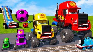 4 MONSTER TRUCKS vs Big & Small Long Mack Truck with Ball vs Train Thomas Rescue Cars - BeamNG.Drive