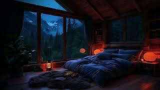 Cozy Bedroom Rain Ambience - Warm Lights, Sleeping Cat, and Mountain View