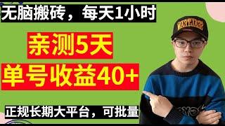 【网赚项目】亲测5天，单号收益40+，无脑搬砖，每天1小时，正规长期大平台，可批量（副业项目100招12）