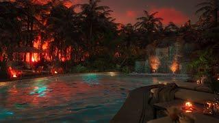 A Beautiful Golden Sunset By A Relaxing Private Pool | Soothing Water Sounds | Calming Waterfall