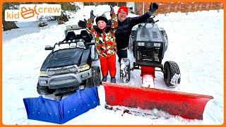 Plowing driveway with kids ride on truck and tractor. Educational how to make snow | Kid Crew