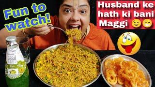 COOKING & EATING MAGGI NOODLES MADE BY HUSBAND| Indian Veg Mukbang