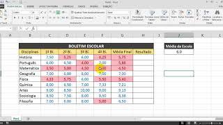 Boletim Escolar no Excel com Média Final e Resultado