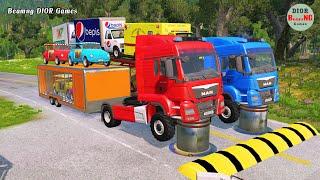 Double Flatbed Trailer Truck vs speed bumps|Busses vs speed bumps|Beamng Drive|860