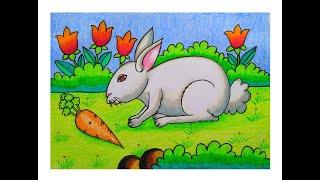 CUTE BUNNY SCENERY DRAWING | HOW TO DRAW RABBIT SCENERY DRAWING | RABBIT DRAWING EASY STEP BY STEP