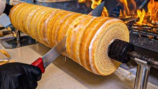 Unique style cake!! Amazing 23-layered roll cake, Baumkuchen - Korean street food