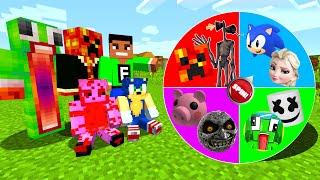 Minecraft PE : DO NOT SPIN THE MYSTERY WHEEL! (Sonic, Unspeakable, PrestonPlayz, Piggy & Siren head)