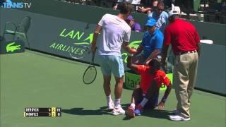 2015 Miami Open - Gael Monfils has a bad fall playing Tomas Berdych