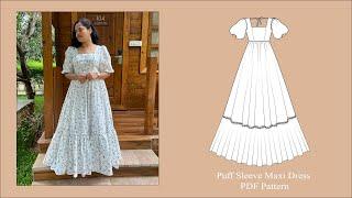 DIY How to make Puff Sleeve Maxi Dress | PDF Pattern | Maxi dress Sewing Tutorial | Cottage Dress