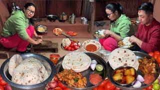 Nepali Village Dinner Recipe - Aloo Gobi Masala Recipe with Roti (Chapati) || Nepali Couple Cooking