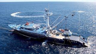 Yellowfin tuna fishing operation in the Pacific Ocean with helicopter and speedboats