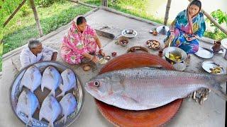 গ্রাম্য পদ্ধতিতে ছোট বেগুন দিয়ে ইলিশ মাছ রান্না সাথে পমফ্রেট মাছের তেলঝল || hilsha fish curry