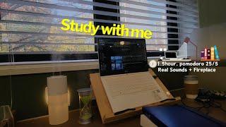 STUDY WITH ME in the library| Real sounds&Fireplace | 90min, pomodoro25/5