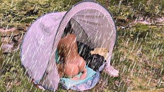 SOLO OVERNIGHT CAMPING IN THE RAIN - RELAXING IN THE SHELTER WITH THE SATISFYING SOUND OF NATURE