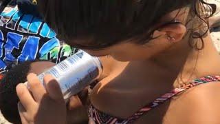Beer Boob Drinking Challenge BOOBLUGE At Beach (Gets Caught)
