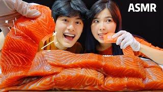ASMR | SALMON SASHIMI SLAB Eating Show// 生吃三文魚吃播