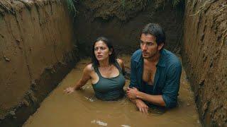 A man is trapped in a narrow hole and must survive with a woman