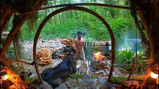 3 DAYS solo survival CAMPING. CATCH and COOK, Fishing. Giant MUSHROOM. Building BUSHCRAFT SHELTER