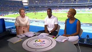 Gabby Logan struggling with split skirt at the Olympics