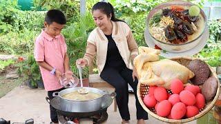 Yummy century egg with chicken recipe / Mommy and son cooking