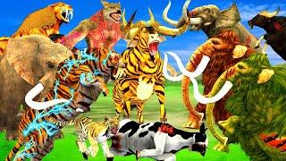 10 Mammoth Elephant Zombie Cow vs 10 Giant Lion Tiger Dinosaur Fight Cow Baby Save By Woolly Mammoth