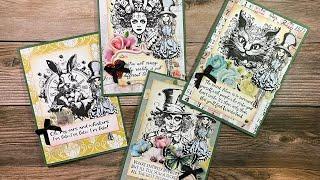 Making four Alice in Wonderland inspired cards @IndigoBluTube and @scrappyshak