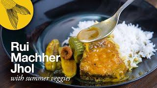 Machher jhol recipe—potol, jhinge, alu diye jeere ada bata jhol—Rohu fish curry with summer veggies