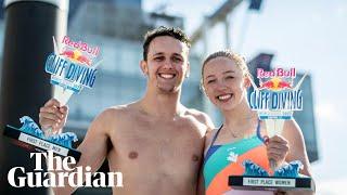 Britain's Aidan Heslop tops the podium in the Red Bull Cliff Diving World Series