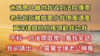 爸媽意外離世我收到法院傳票，老公起訴離婚要分我億萬遺產，資深律師紛紛搖頭勸我認栽，不料一月後開庭衆人看我笑話，我卻請出一人震驚全場老公嚇瘋