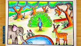 Forest drawing | Wildanimals drawing| Forest scenery drawing with animals| jungle drawing