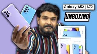 Samsung Galaxy A52 and Galaxy A72 Unboxing & Initial Impressions In Telugu || IP Rating & OIS Etc ..