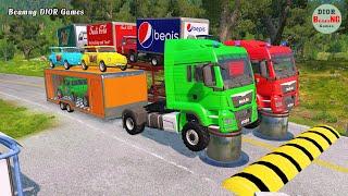 Double Flatbed Trailer Truck vs speed bumps|Busses vs speed bumps|Beamng Drive|905