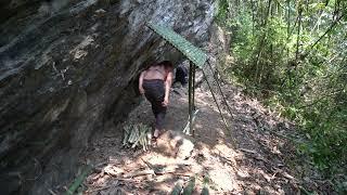 Make survival shelter under big rock !! Bushcraft camp in the wood | My bushcraft #21