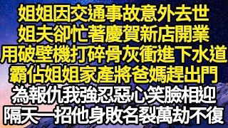 姐姐因交通事故意外去世，姐夫卻忙著慶賀新店開業，用破壁機將骨灰打碎衝進下水道，霸佔家產將我爸媽趕出門，為報仇我強忍惡心笑臉相迎，隔天一招他身敗名裂萬劫不復#故事#情感#情感故事#人生#人生經驗