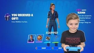 My 10 Year Old Kid Reaction To me Gifting Him NEW STRANGER THINGS Fortnite Skin Bundle ELEVEN