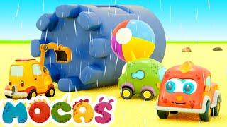 Mocas Little Monster Cars build a sand castle! New episodes & baby cartoons about trucks & vehicles.