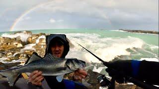 LURE FISHING FOR SEA BASS IN GUERNSEY WATERS FISHING IN A  STORM!!