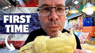 First Time Trying Durian in OR TOR KOR MARKET Bangkok Thailand 