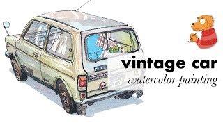 Painting a vintage car with watercolors