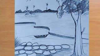 How to Draw Village Scenery with Pencil Sketch, Nature Pencil Drawing  for Beginners