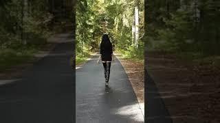 Granate styling, walking outdoor, #forest road atmosphere, crotch high boots, high heels, minidress