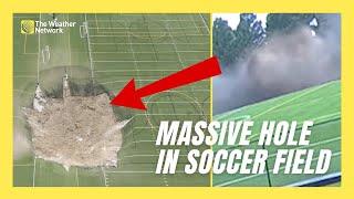 Sinkhole Swallows Light Pole in Soccer Field, Leaves Huge Hole