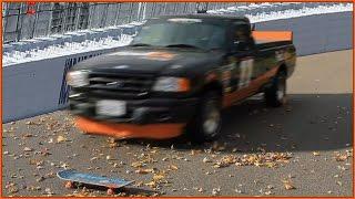 RACE CAR RUNS OVER SKATEBOARD