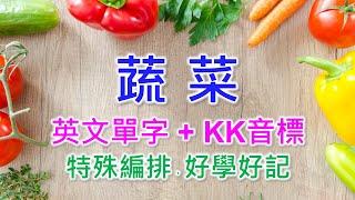 蔬菜英文單字共25個+KK音標，看音標學單字。相同情境一起學，快速擴充單字量。單字記憶通，好唸，好記，學得快，增加學習樂趣，快速學習大量單字。