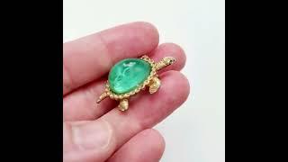 Vintage 1950s Goldtone Open Back Ocean Green Lucite Sea Turtle Brooch